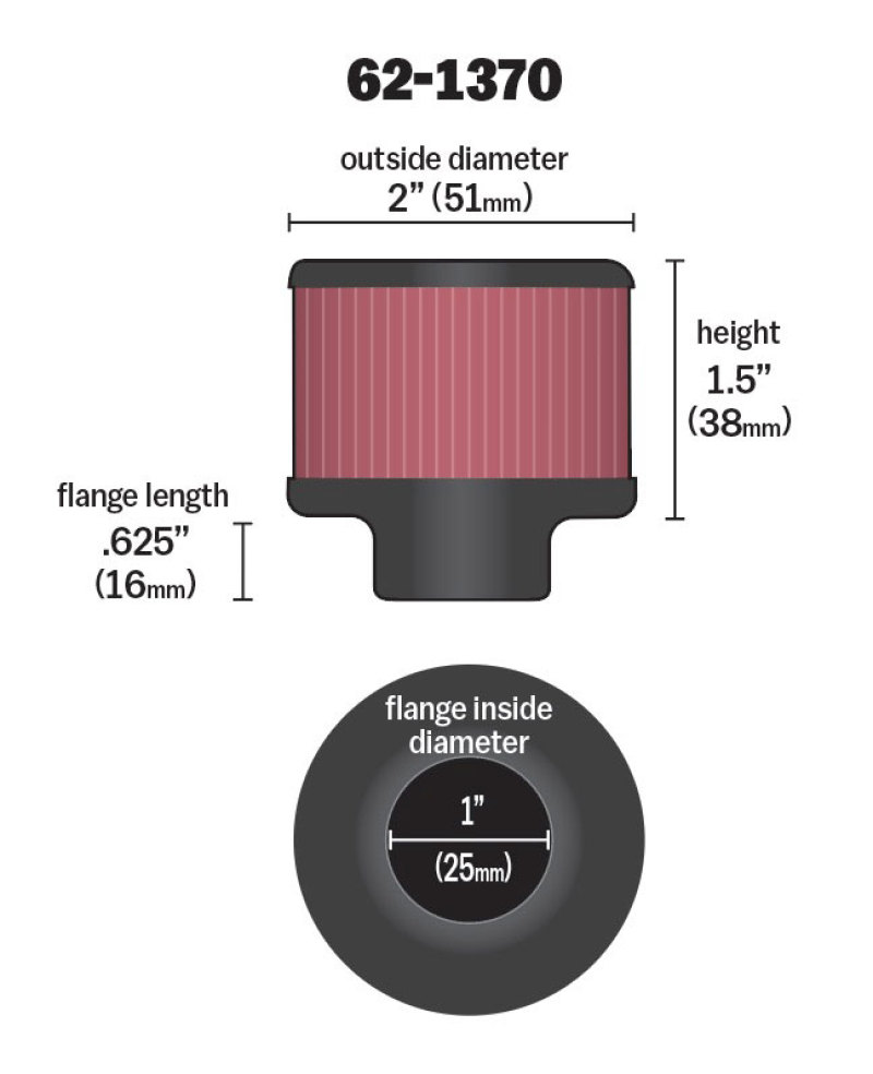 K&N 1in Flange ID x 2in OD x 1.5 inch H Rubber Base Crankcase Vent Filter - 62-1370