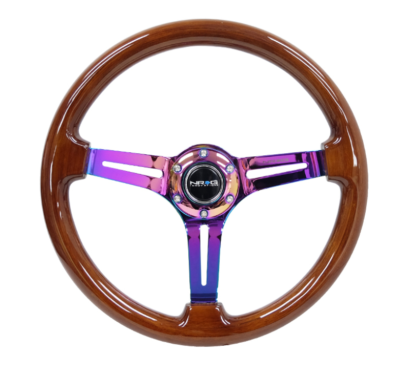 NRG Reinforced Steering Wheel (350mm / 3in. Deep) Brown Wood w/Blk Matte Spoke/Neochrome Center Mark - RST-018BR-MC