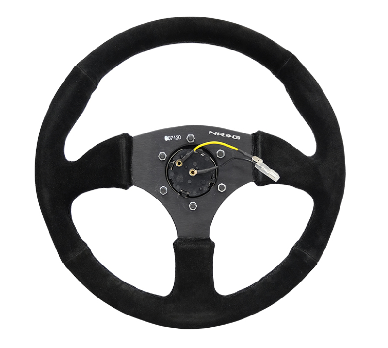 NRG Reinforced Steering Wheel (350mm / 2.5in. Deep) Blk Suede Comfort Grip w/5mm Matte Blk Spokes - RST-023MB-S