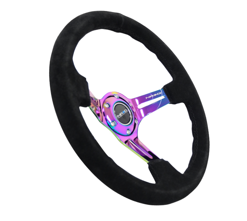 NRG Reinforced Steering Wheel (350mm / 3in. Deep) Blk Suede/Blk Stitch w/Neochrome Slits - RST-018S-MCBS