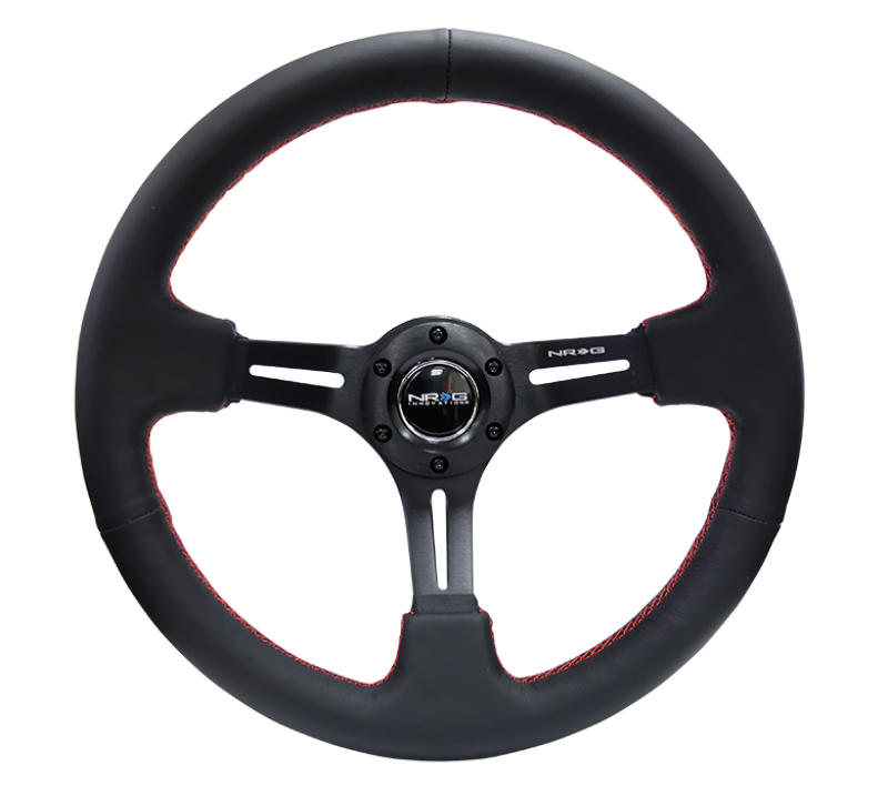 NRG Reinforced Steering Wheel (350mm / 3in. Deep) Black Leather/Red Stitch & Blk 3-Spoke w/Slits - RST-018R-RS