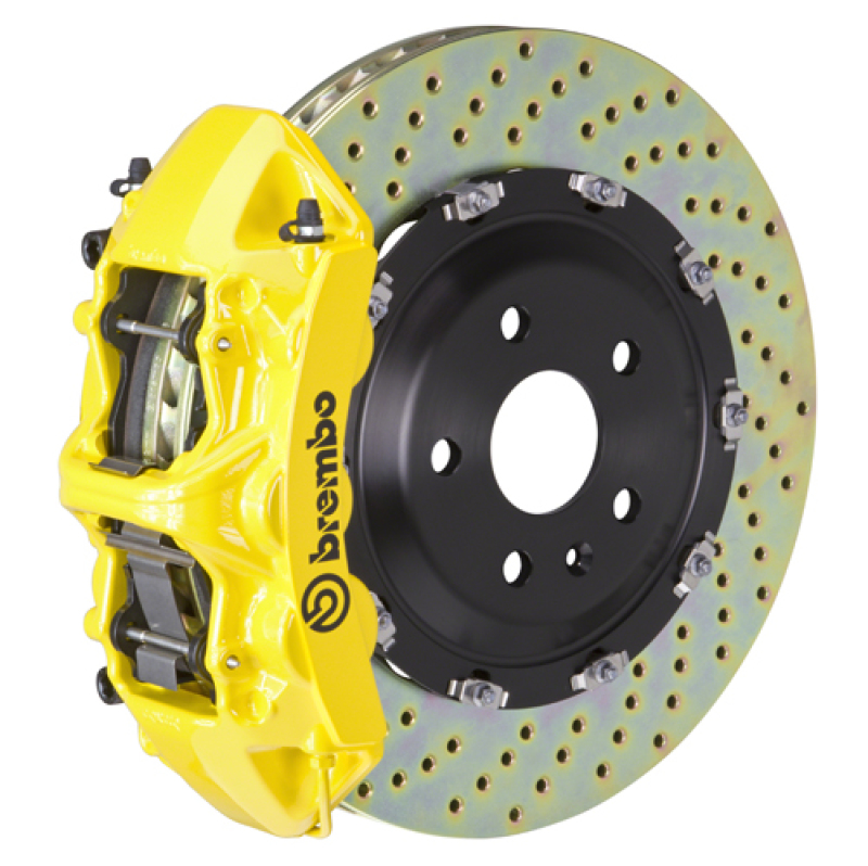 Brembo 15-23 Mustang GT/V6/EcoBoost Front GT BBK 6 Piston Cast 380x34 2pc Rotor Drilled- Yellow - 1T1.9009A5
