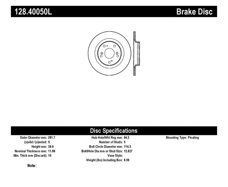 StopTech 00-09 Honda S2000 Drilled Left Rear Rotor - 128.40050L