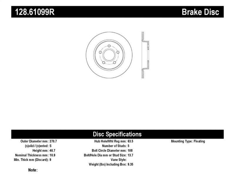 StopTech 13 Ford Focus ST Drilled Right Rear Rotor - 128.61099R