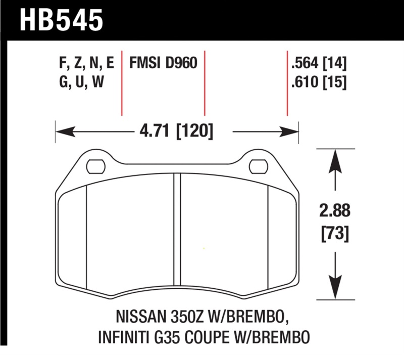 Hawk 03-07 G35/350z w/ Brembo Performance Ceramic Street Front Brake Pads - HB545Z.564