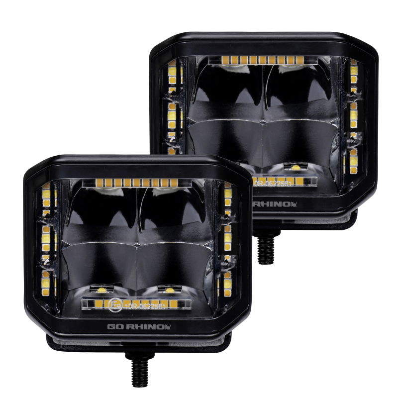 Go Rhino Xplor Blackout Combo Series Cube Sideline LED Spot Lights w/ Amber 4x3 - Blk (Pair) - 750700322SCS