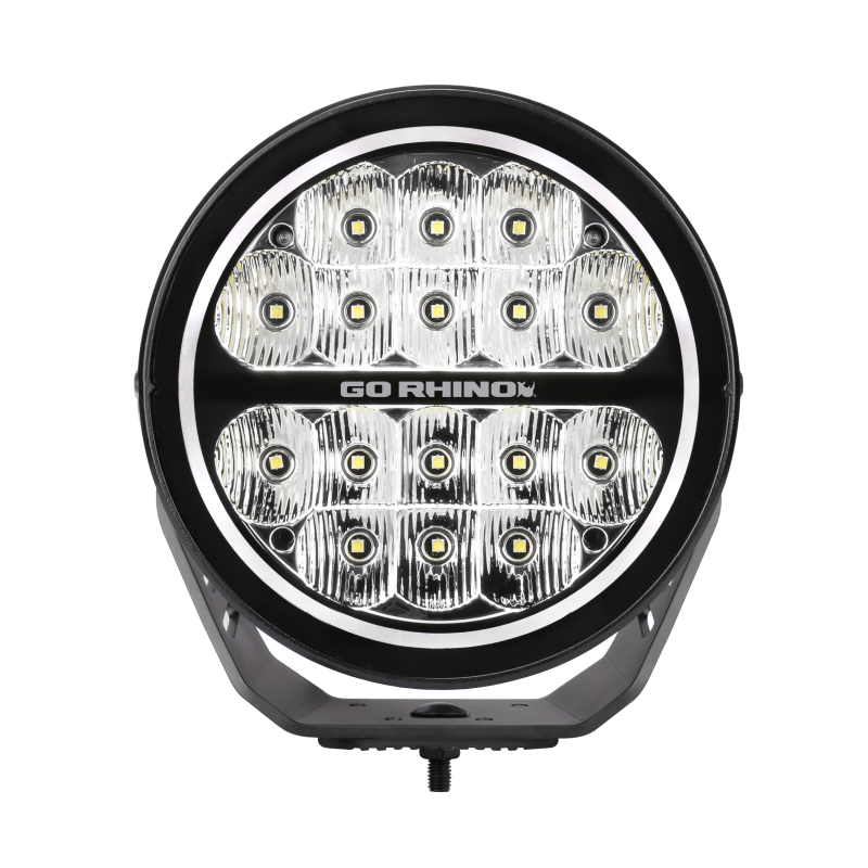 Go Rhino Xplor Blackout Series Round LED Spot Light Beam w/DRL (Surface/Thread Stud Mnt) 7in. - Blk - 750800711SRS