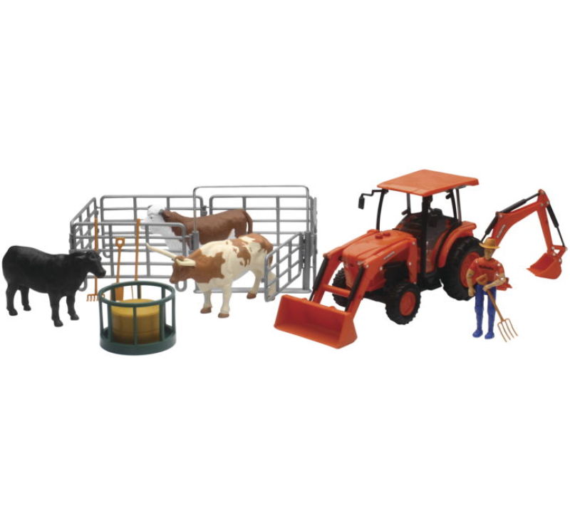 New Ray Toys Kubota Tractor with Figurine, Animals and Fence/ Scale - 1:18 - SS-33313