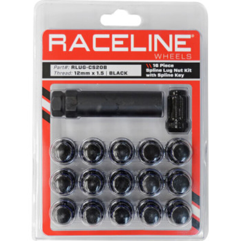 Raceline Spline Lug Nut Kit with Spline Key 12 x 1.5 - 16 Pack - Black - RLUG-CS20B