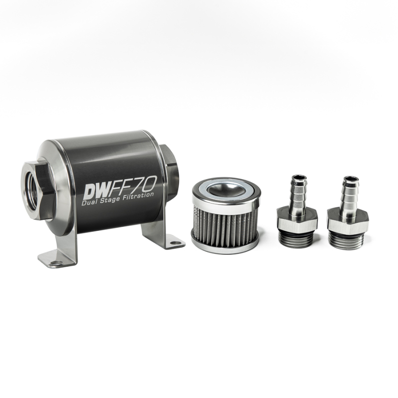 DeatschWerks Stainless Steel 3/8in 40 Micron Universal Inline Fuel Filter Housing Kit (70mm) - 8-03-070-040K-38