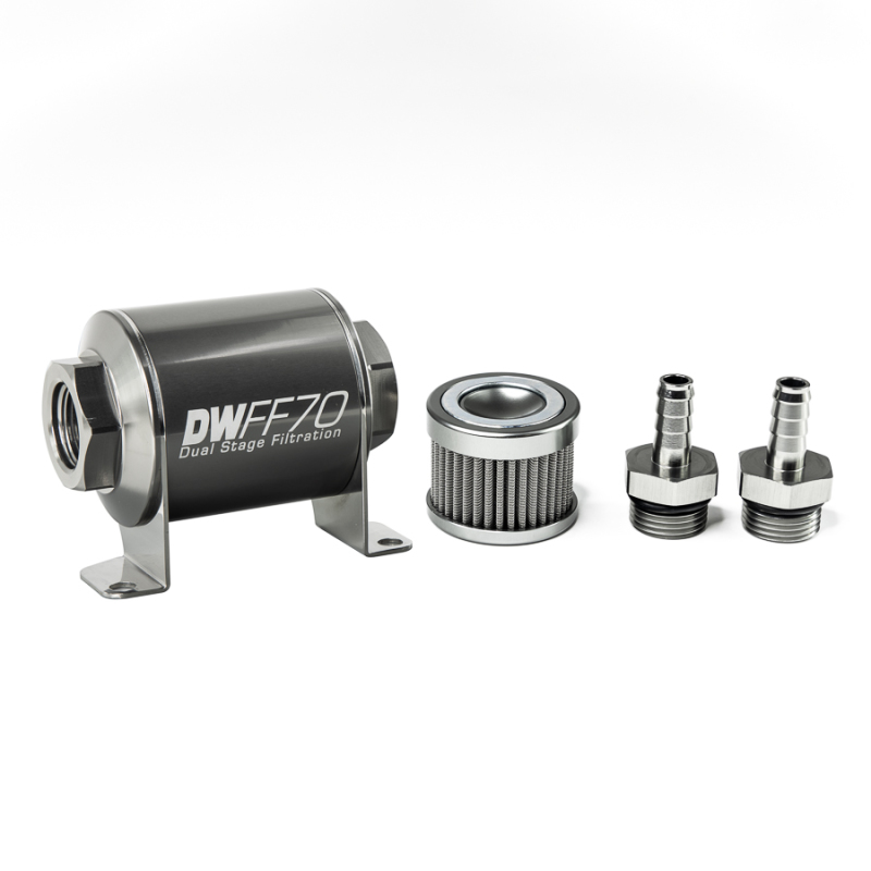 DeatschWerks Stainless Steel 3/8in 100 Micron Universal Inline Fuel Filter Housing Kit (70mm) - 8-03-070-100K-38