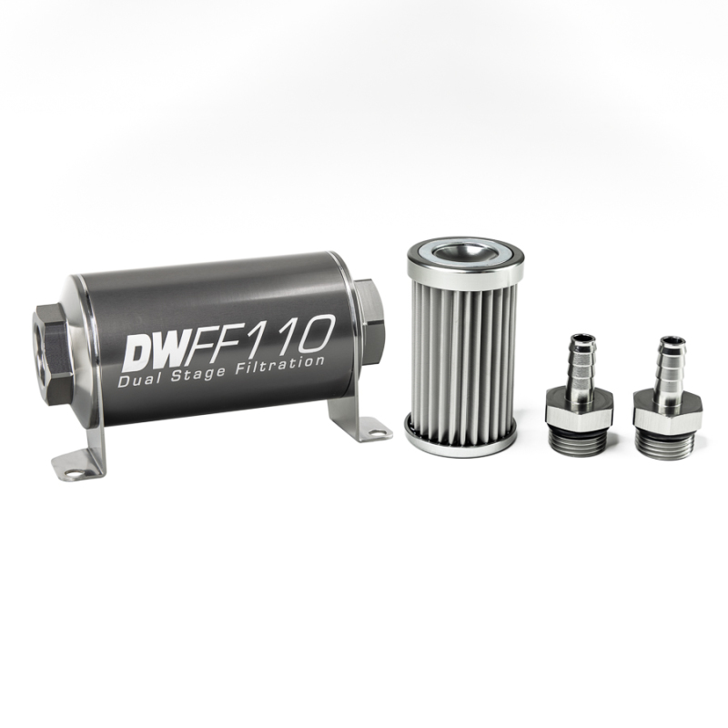 DeatschWerks Stainless Steel 3/8in 5 Micron Universal Inline Fuel Filter Housing Kit (110mm) - 8-03-110-005K-38