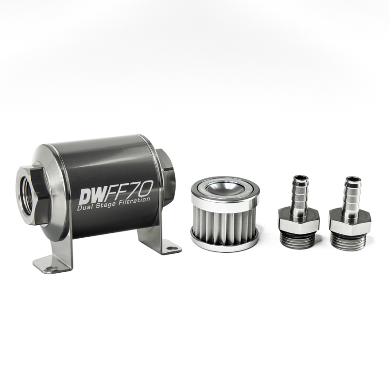 DeatschWerks Stainless Steel 3/8in 5 Micron Universal Inline Fuel Filter Housing Kit (70mm) - 8-03-070-005K-38