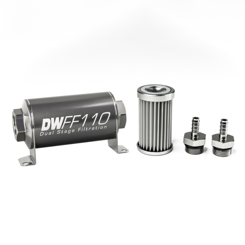DeatschWerks Stainless Steel 5/16in 5 Micron Universal Inline Fuel Filter Housing Kit (110mm) - 8-03-110-005K-516