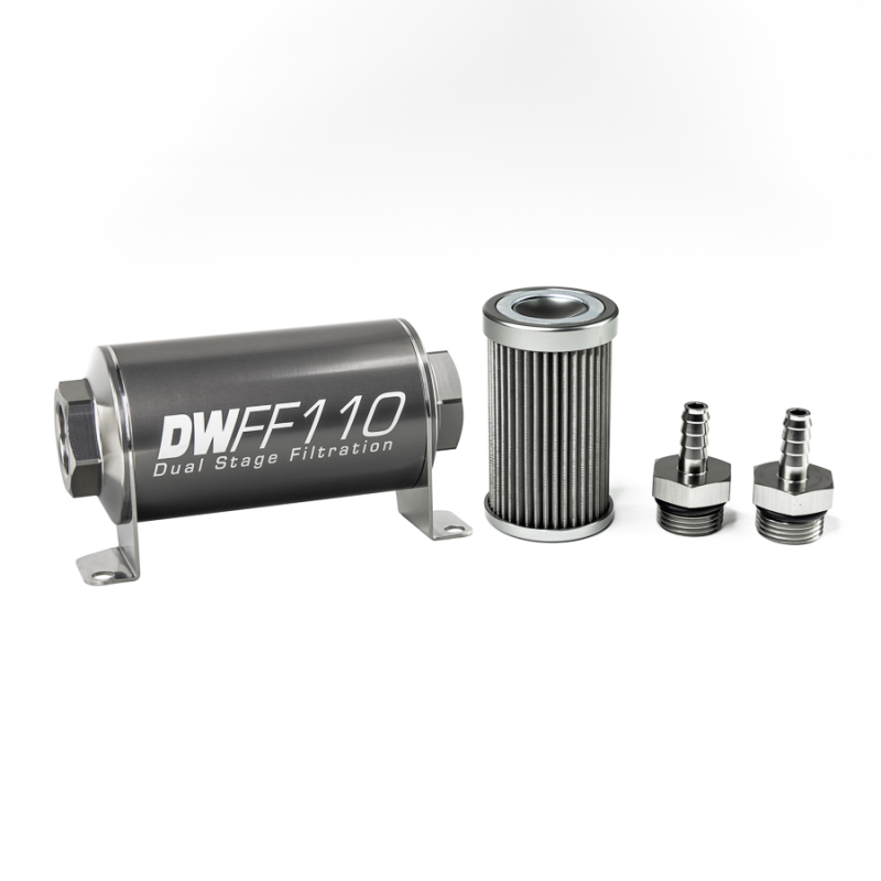 DeatschWerks Stainless Steel 5/16in 40 Micron Universal Inline Fuel Filter Housing Kit (110mm) - 8-03-110-040K-516