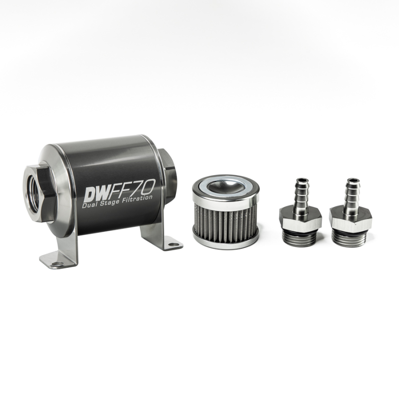 DeatschWerks Stainless Steel 5/16in 40 Micron Universal Inline Fuel Filter Housing Kit (70mm) - 8-03-070-040K-516