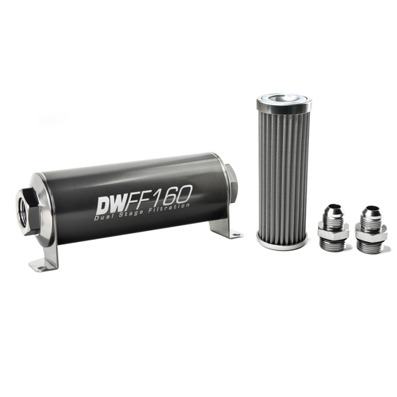 DeatschWerks Stainless Steel 8AN 100 Micron Universal Inline Fuel Filter Housing Kit (160mm) - 8-03-160-100K-8