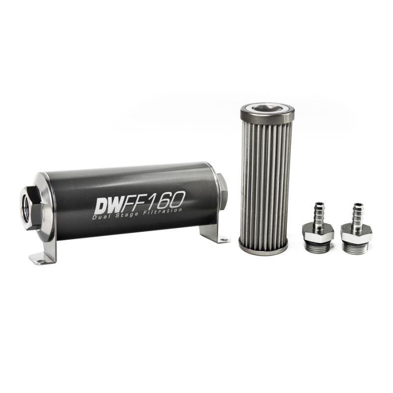 DeatschWerks Stainless Steel 5/16in 40 Micron Universal Inline Fuel Filter Housing Kit (160mm) - 8-03-160-040K-516