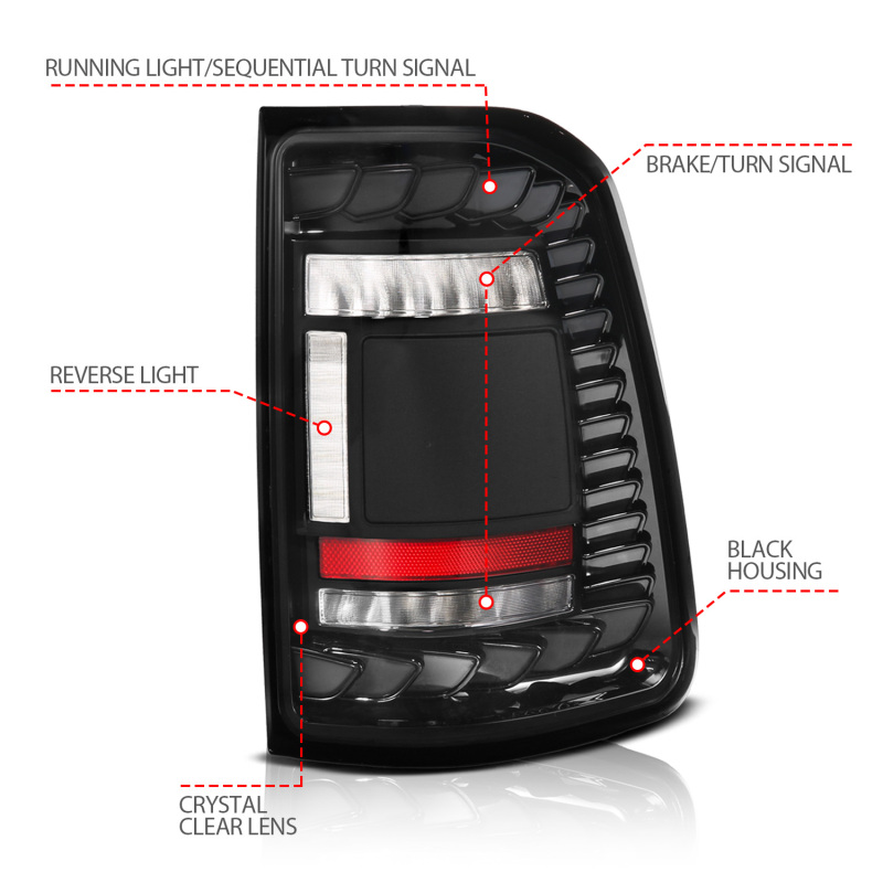 ANZO 19-24 RAM 1500 (Factory LED Models ONLY) Full LED Tail Lights SeqSig Black - Pair - 311481A