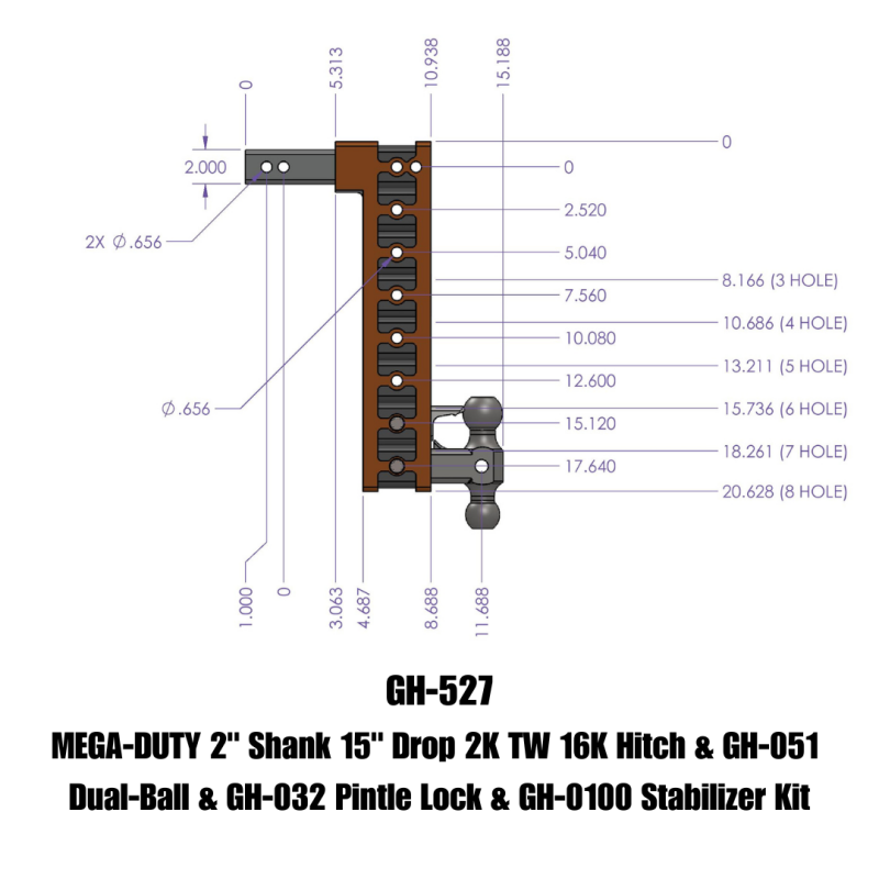 Gen-Y Mega Duty 2in Shank 15in Drop 16K Hitch w/Dual-Ball/Pintle Lock/Stabilizer Kit - GH-527