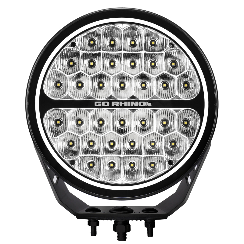 Go Rhino Xplor Blackout Series Round LED Sgl Driving Kit w/DRL (Surface/Thread Stud Mnt) 9in. - Blk - 751700911DRS