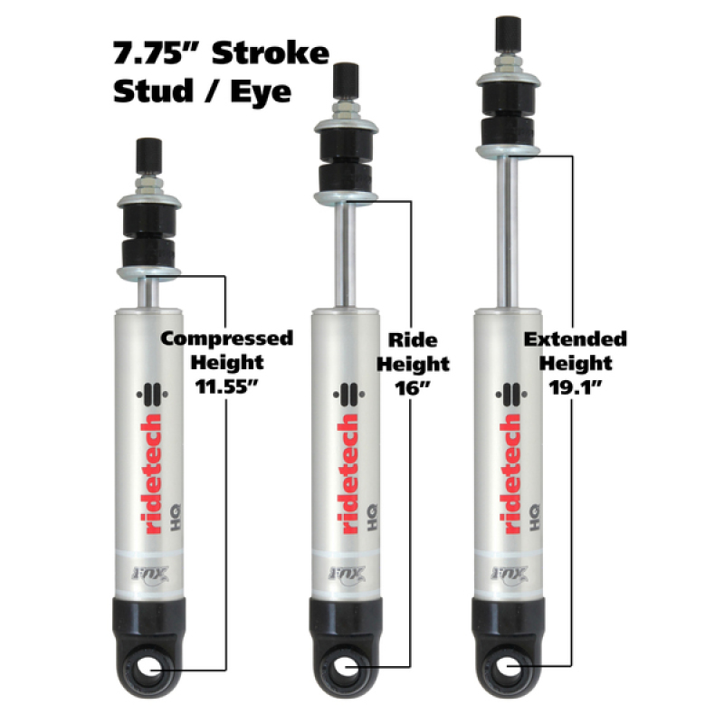 Ridetech HQ Series Shock Absorber Single Adjustable 7.55in Stroke Eye/Stud Mounting 11.55in x 19.1in - 22189845