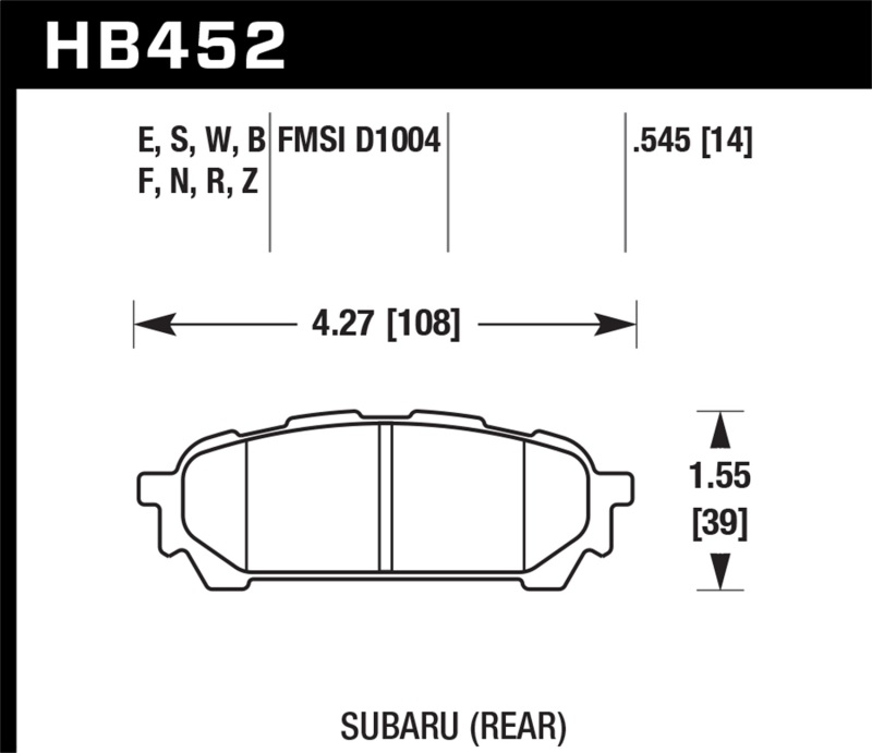 Hawk 03-07 Subaru Impreza / 04-08 Subaru Forester / 05-06 Saab 9-2X Aero HT-10 Race Rear Brake Pads - HB452S.545