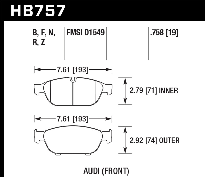 Hawk Audi 2013 A5 Quattro / 12-16 A6 Quattro/A7 Quattro/A8 Quattro HPS Front Brake Pads - HB757F.758