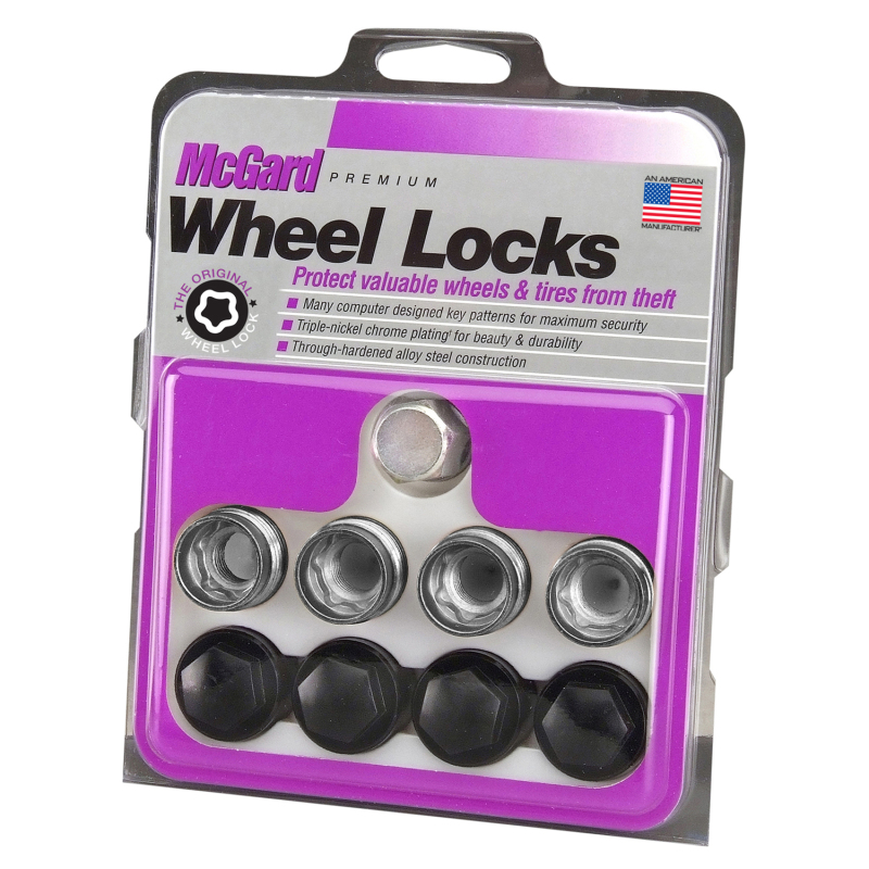 McGard Wheel Lock Nut Set - 4pk. (Under Hub Cap / Radius Seat) M14X1.5 / 19mm Hex / .890in. L w/Caps - 25167