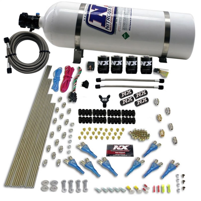 Nitrous Express 8 Cyl Shark Direct Port 4 Solenoids Nitrous Kit (200-600HP) w/15lb Bottle - 90006-15