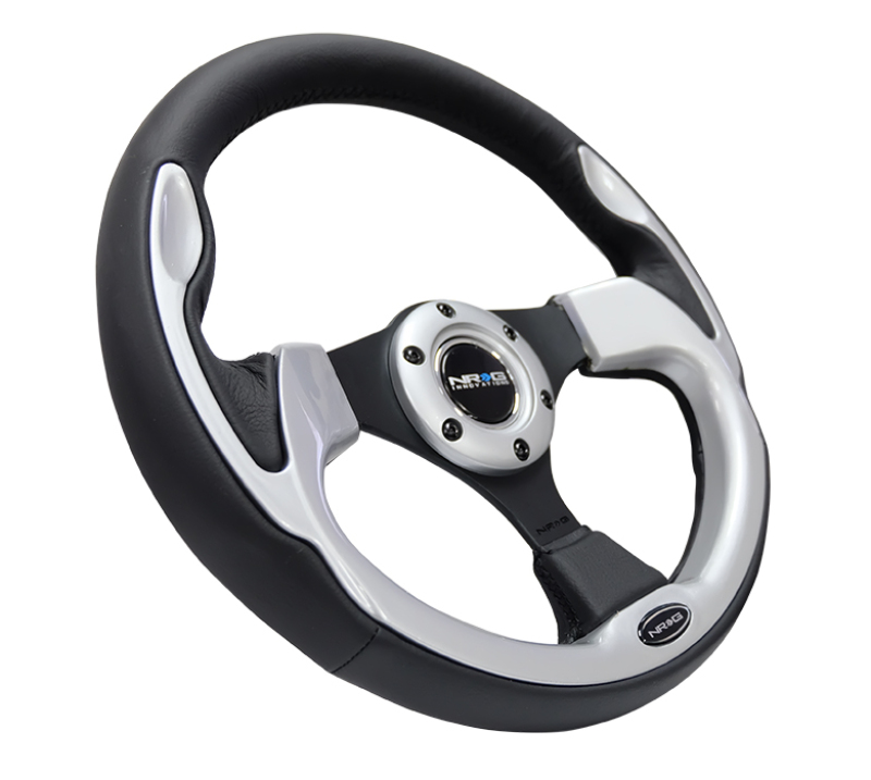 NRG Reinforced Steering Wheel (320mm) Blk w/Silver Trim & 5mm 3-Spoke - RST-001SL