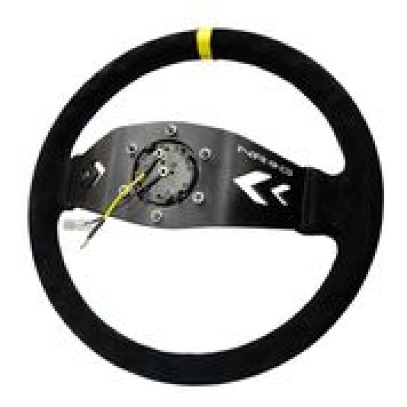 NRG Reinforced Steering Wheel (350mm / 3in. Deep) Blk Suede w/NRG Arrow Cut 2-Spoke & Yellow Mark - RST-022S-Y