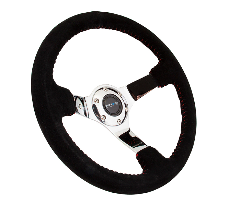 NRG Reinforced Steering Wheel (350mm / 3in. Deep) Blk Suede w/Red BBall Stitch & Chrome 3-Spoke - RST-036CH-S