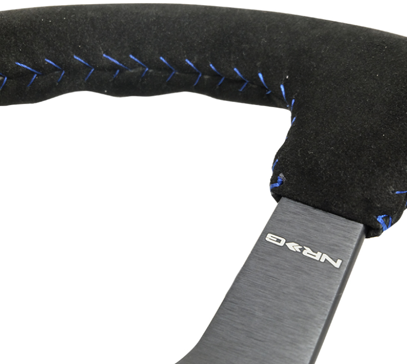 NRG Reinforced Steering Wheel (350mm / 3in. Deep) Blk Suede/Blue BBall Stitch w/5mm Matte Blk Spokes - RST-036MB-S-BL