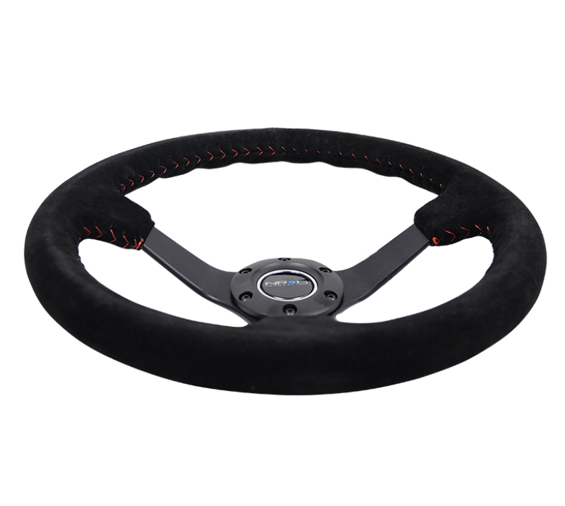 NRG Reinforced Steering Wheel (350mm / 3in. Deep) Blk Suede/Red BBall Stitch w/5mm Matte Blk Spokes - RST-036MB-S-RD