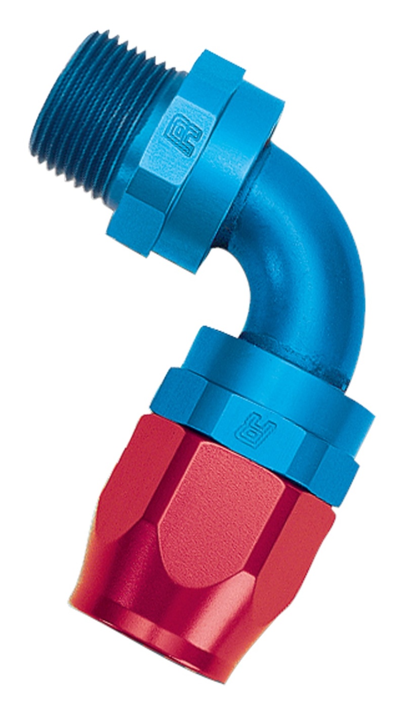 Russell Performance -10 AN Red/Blue 90 Deg Full Flow Swivel Pipe Thread Hose End (With 3/8in NPT) - 612190