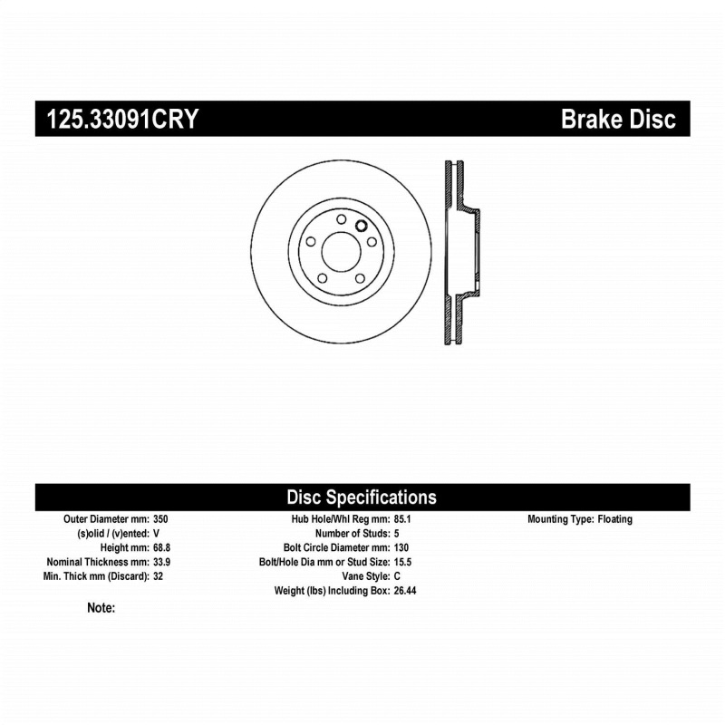 Centric Premium 03-18 Porsche Cayenne Front Right CRYO-STOP Rotor - 125.33091CRY