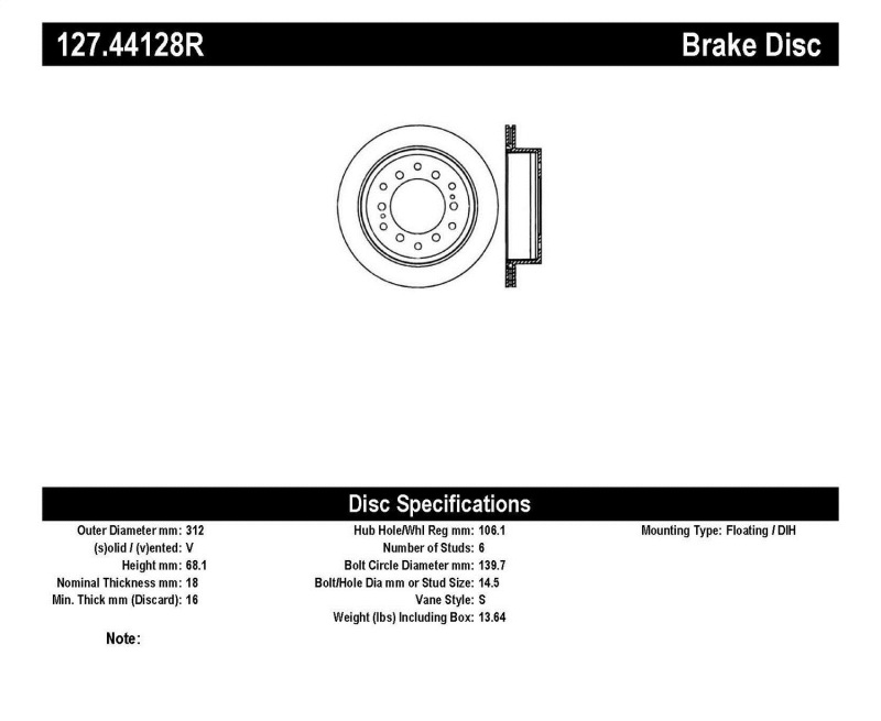 StopTech Power Slot 03-09 Toyota 4 Runner / 03-09 Lexus GX470 Drilled & Slotted Right Rear Rotor - 127.44128R