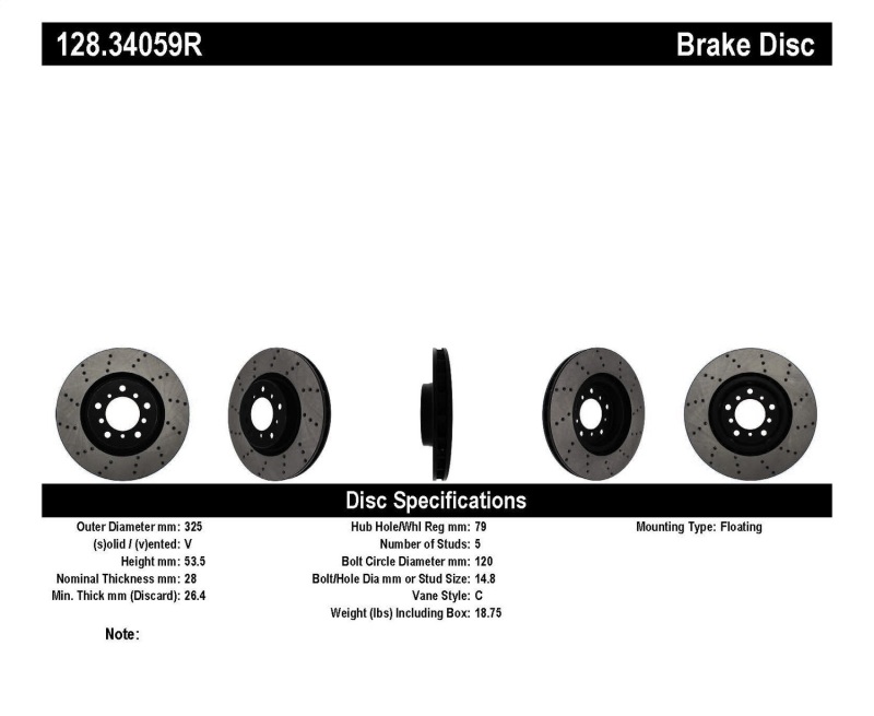 StopTech 01-06 BMW M3 Drilled Right Front Rotor - 128.34059R