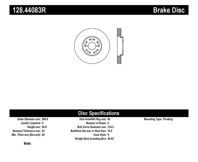 StopTech 93-05 Lexus GS 300/350/400/430/450H / 00-05 IS250/300/350 Front Right Drilled Rotor - 128.44083R