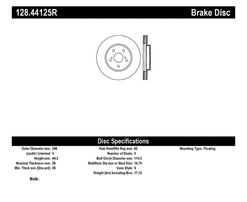StopTech 02 Lexus ES250/300/330/350/06-12 IS250/300/350 Drilled Right Front Rotor - 128.44125R