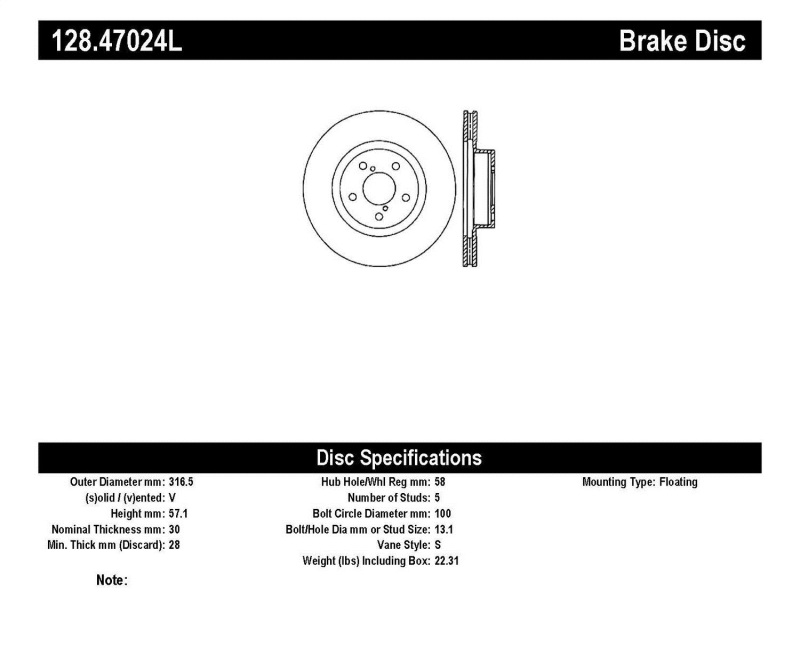 StopTech 05-10 Subaru Legacy / 10 Outback Drilled Left Front Rotor - 128.47024L