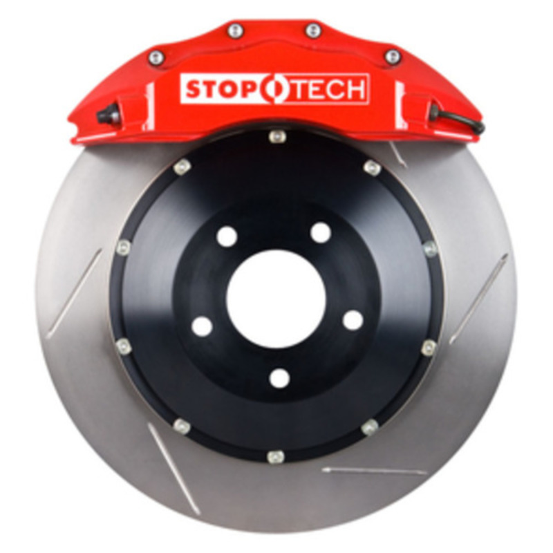 StopTech 03-06 Evo Front BBK w/ Red ST-60 Calipers Slotted 355x32mm Rotors Pads and SS Lines - 83.622.6700.71