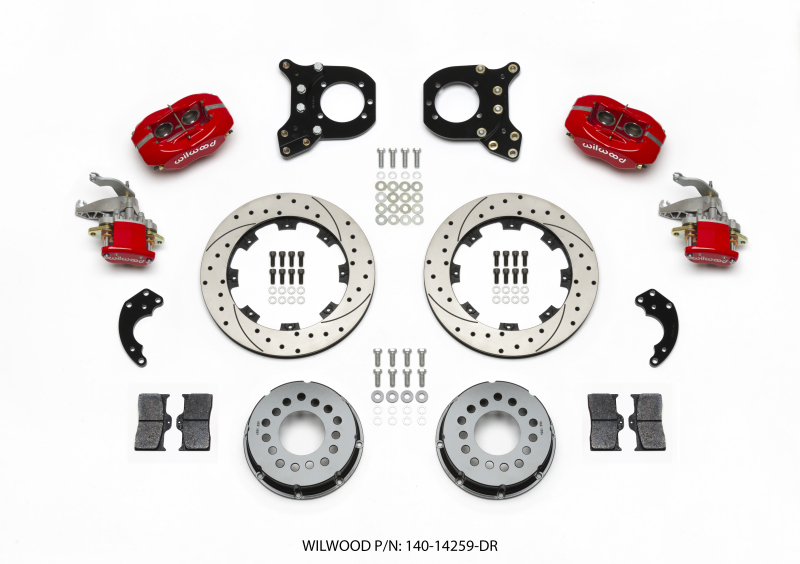 Wilwood Forged Dynalite P/S Rear Kit w/MC4 P-Brake Drill Red Chev 12 Bolt w/Clip Elimin-Staggered - 140-14259-DR
