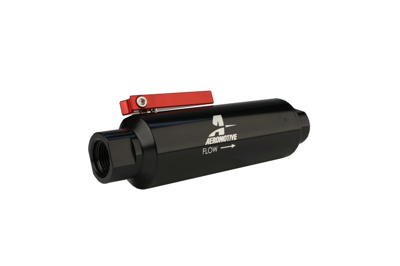 Aeromotive In-Line AN-10 Filter w/Shutoff Valve 100 Micron SS Element - Black Anodize Finish - 12331