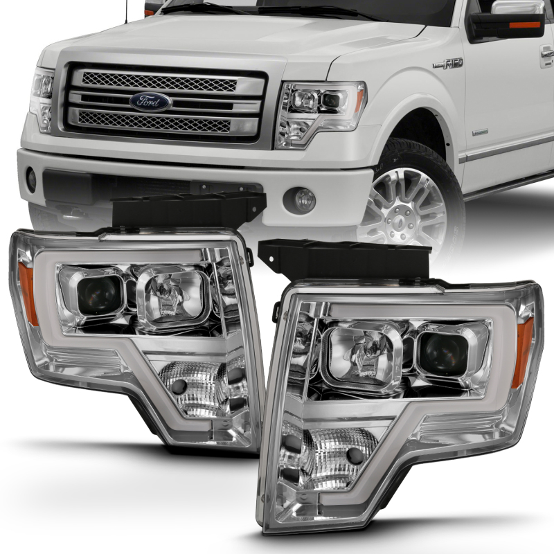 ANZO 2009-2014 Ford F-150 Projector Headlight Plank Style Chrome Amber - 111444