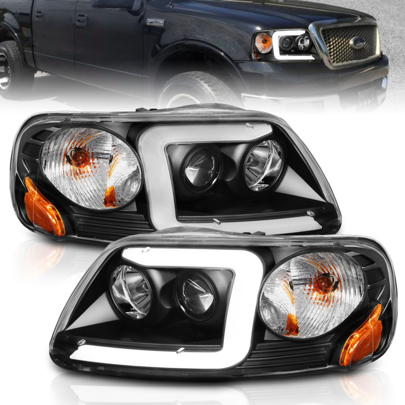 ANZO 1997-2003 Ford F-150 Projector Headlights w/ Light Bar Black Housing - 111503