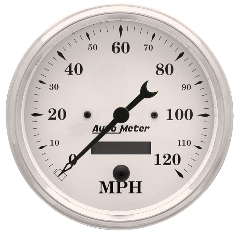 Autometer 5 inch 120mph Electric Programable w/ LCD ODO Old Tyme Speedometer - White - 1689