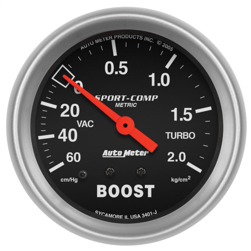 Autometer Sport-Comp 66.7mm METRIC 60 cm/Hg-2.0 Kg/Cm2 Mechanical Vacuum/Boost Gauge - 3401-J