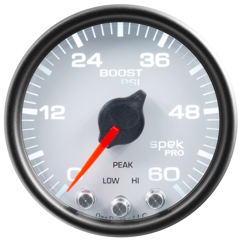 Autometer Spek-Pro Gauge Boost 2 1/16in 60psi Stepper Motor W/Peak & Warn Wht/Blk - P30412